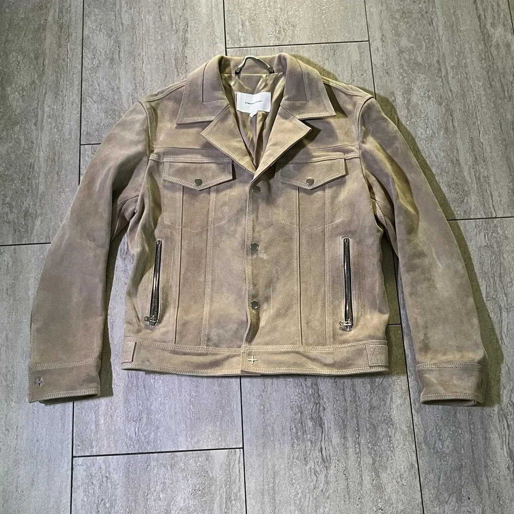 G For Innerthought Jacket Mens Large Beige Suede Leather Biker Snap Front
